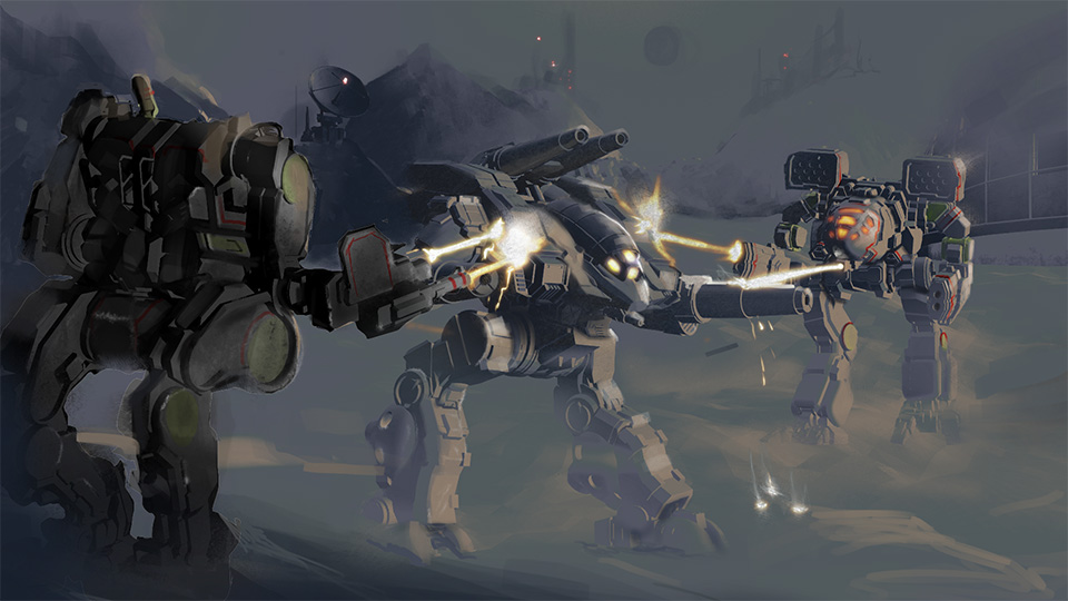 Fan art depicting BattleMechs in an ambush